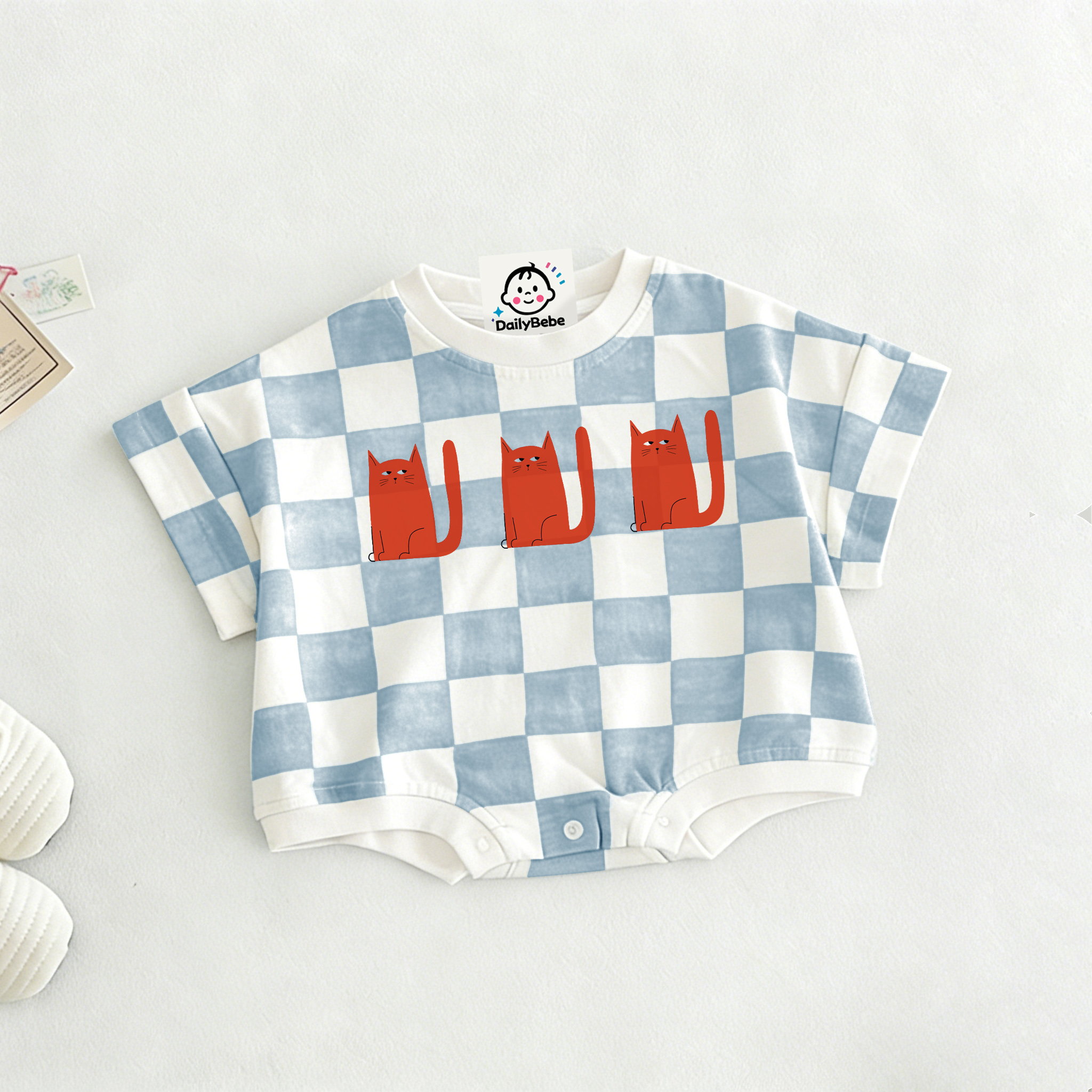  Baby Cat Check T-shirt Romper