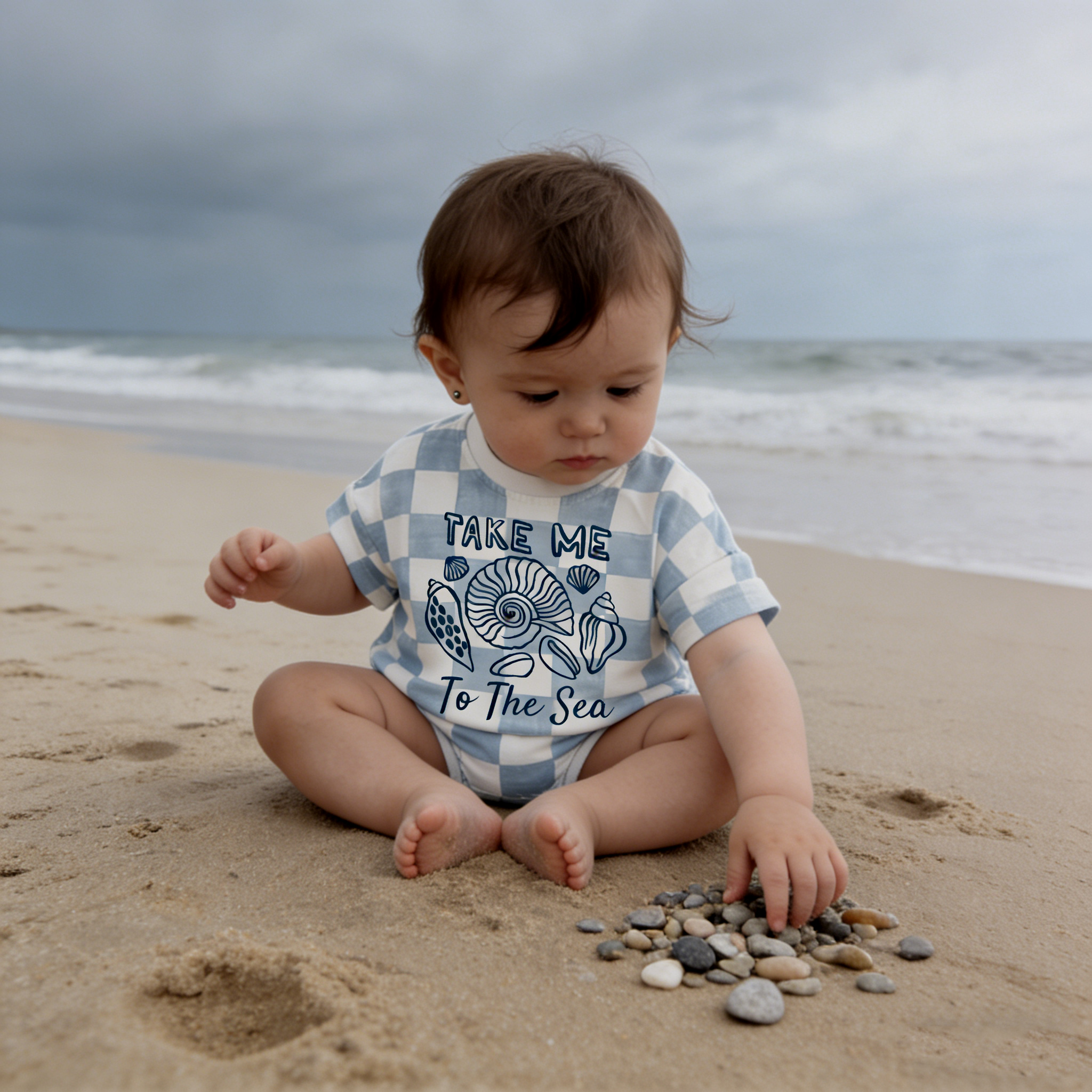 TAKE ME TO THE SEA Baby Shell Check T-shirt Romper