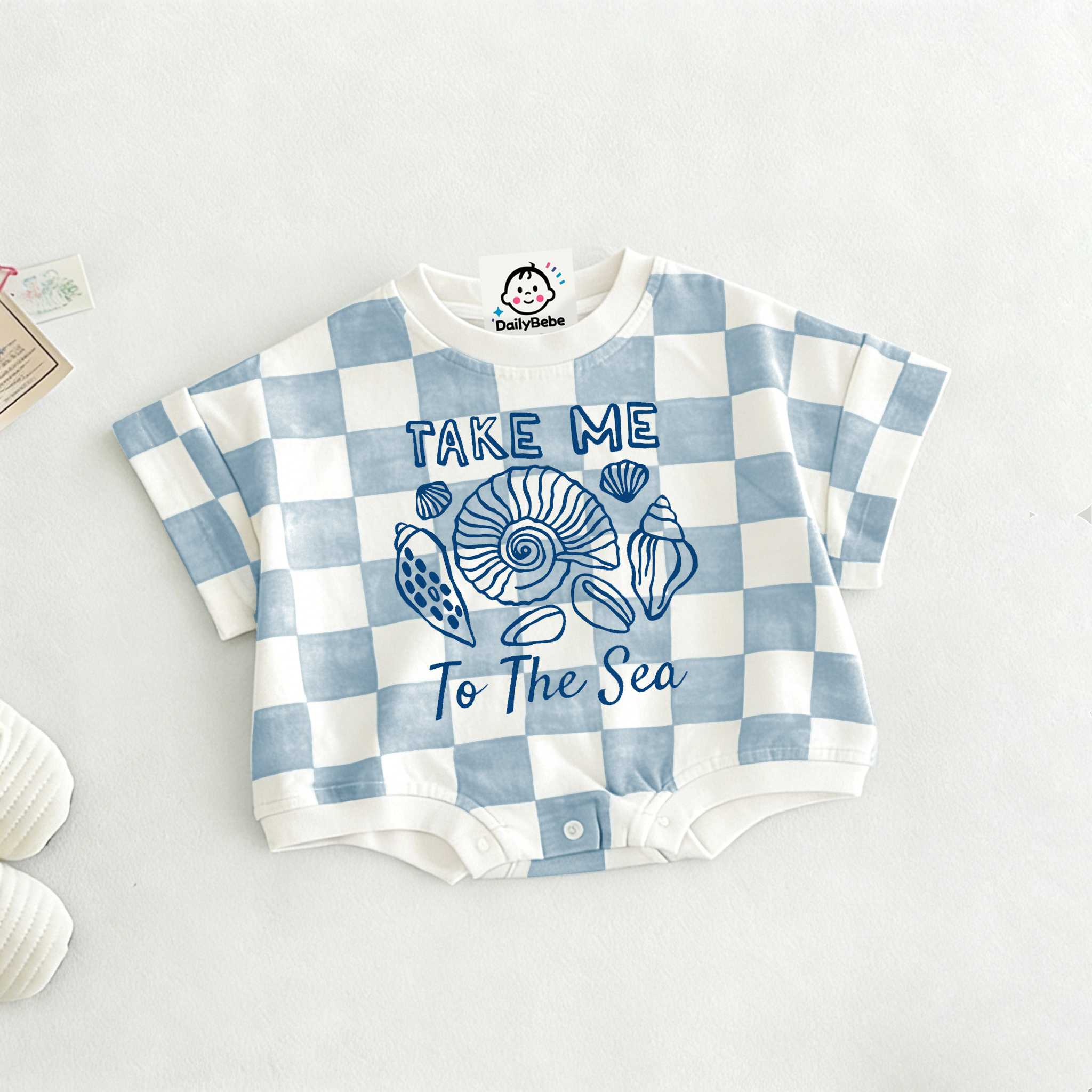 TAKE ME TO THE SEA Baby Shell Check T-shirt Romper