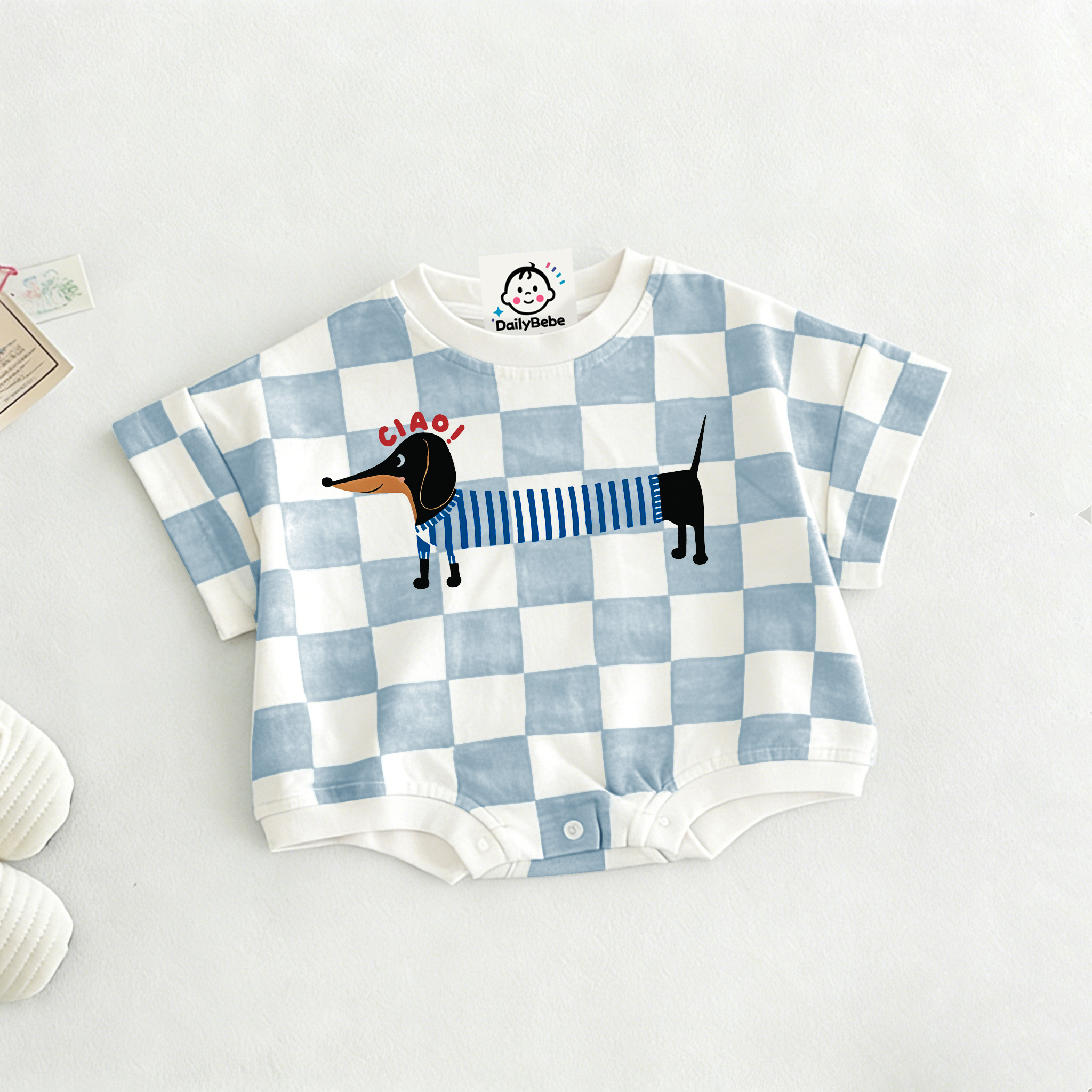 CIAO Baby Dachshund Check T-shirt Romper