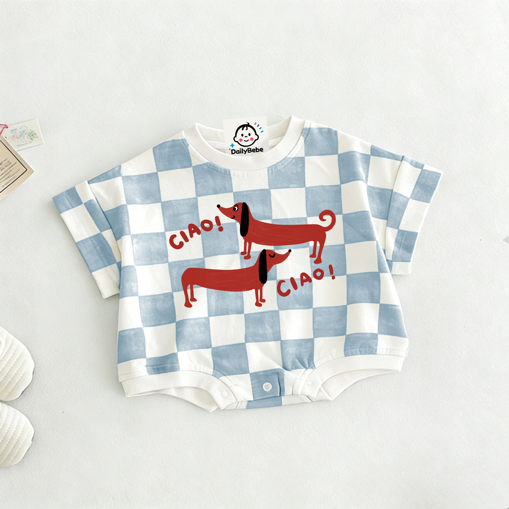 CIAO Baby Dachshund Check T-shirt Romper