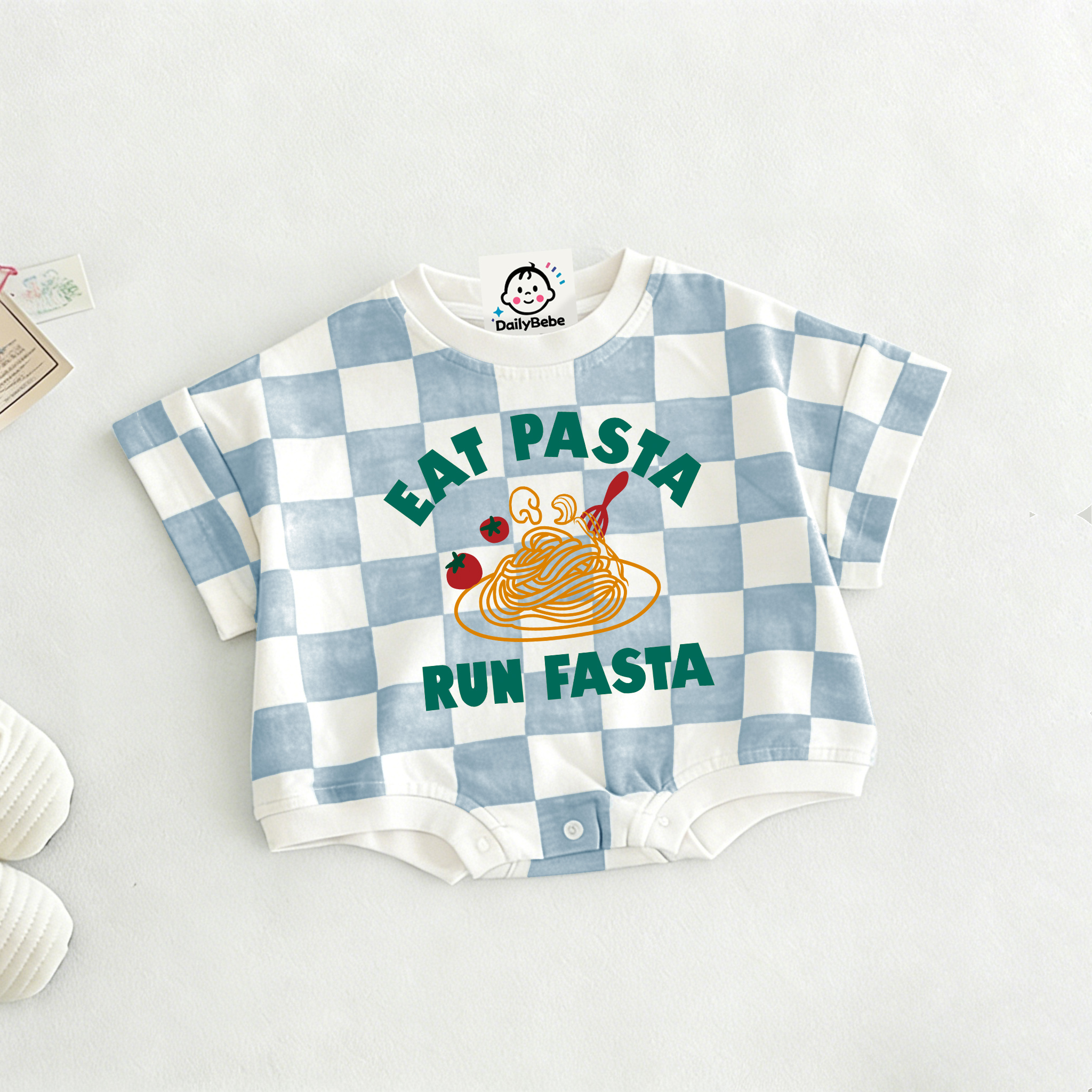 EAT PASTA RUN FASTA Baby Pasta Check T-shirt Romper