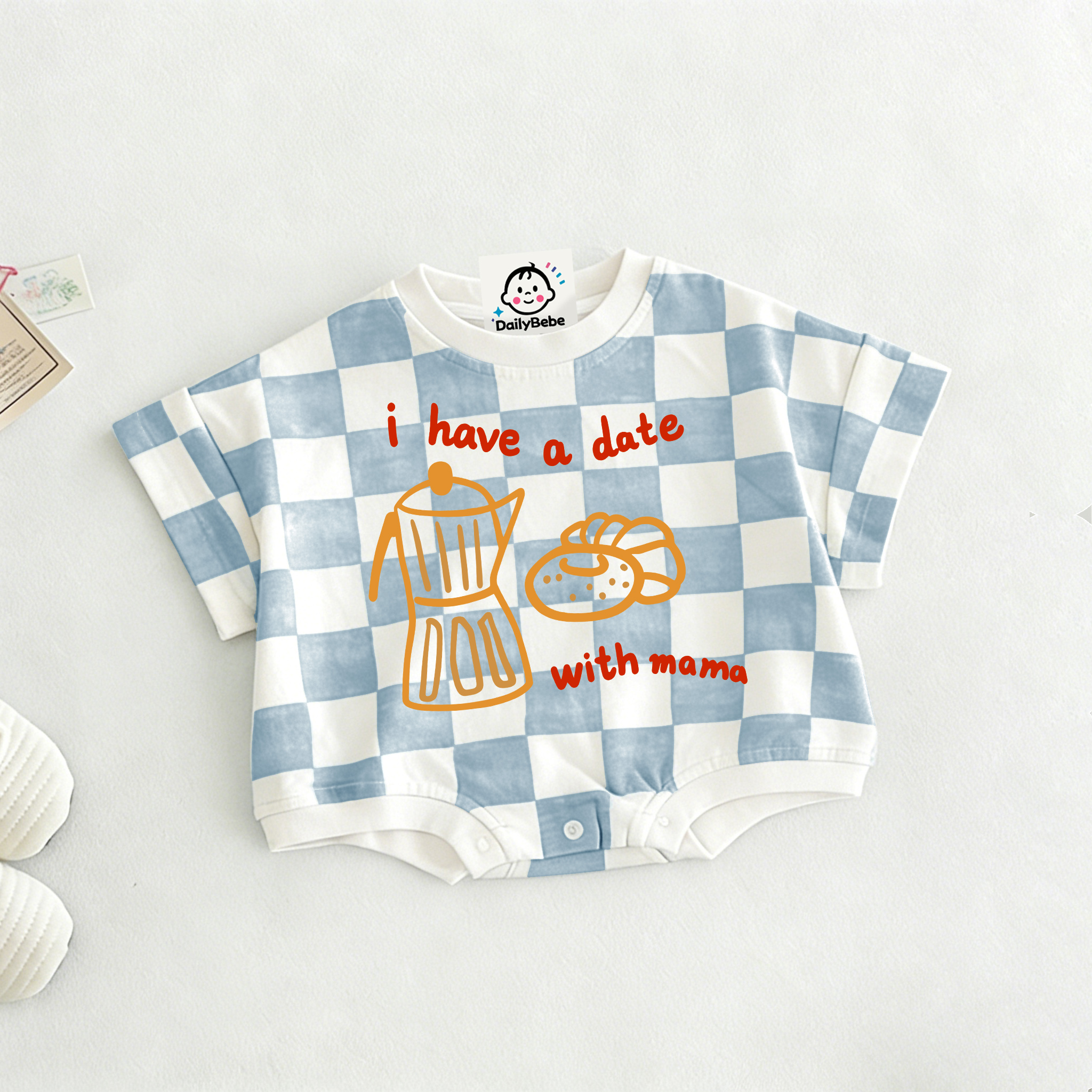 I HABE A DATE WITH MOM Baby Pasta Check T-shirt Romper