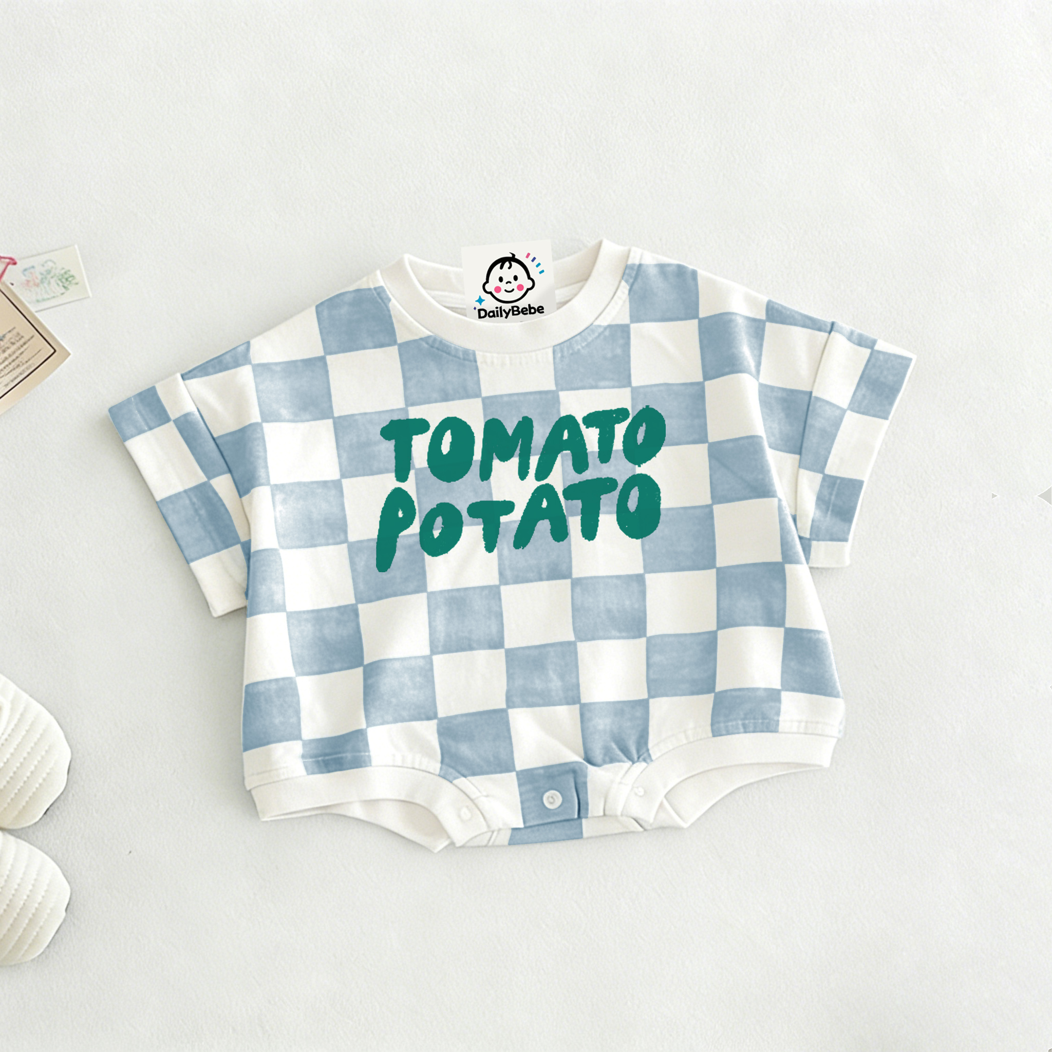 TOMATO POTATO Baby Slogan Check T-shirt Romper