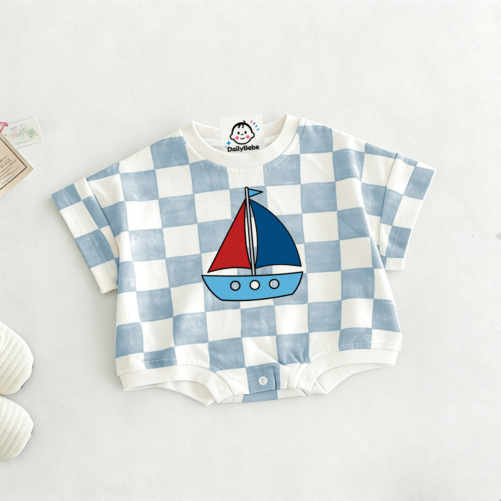 Baby Sailboat Check T-shirt Romper