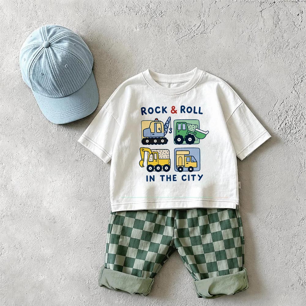 ROCK & ROLL IN THE CITY Baby & Kids Construction Vehicles Checkerboard 2 Piece Set