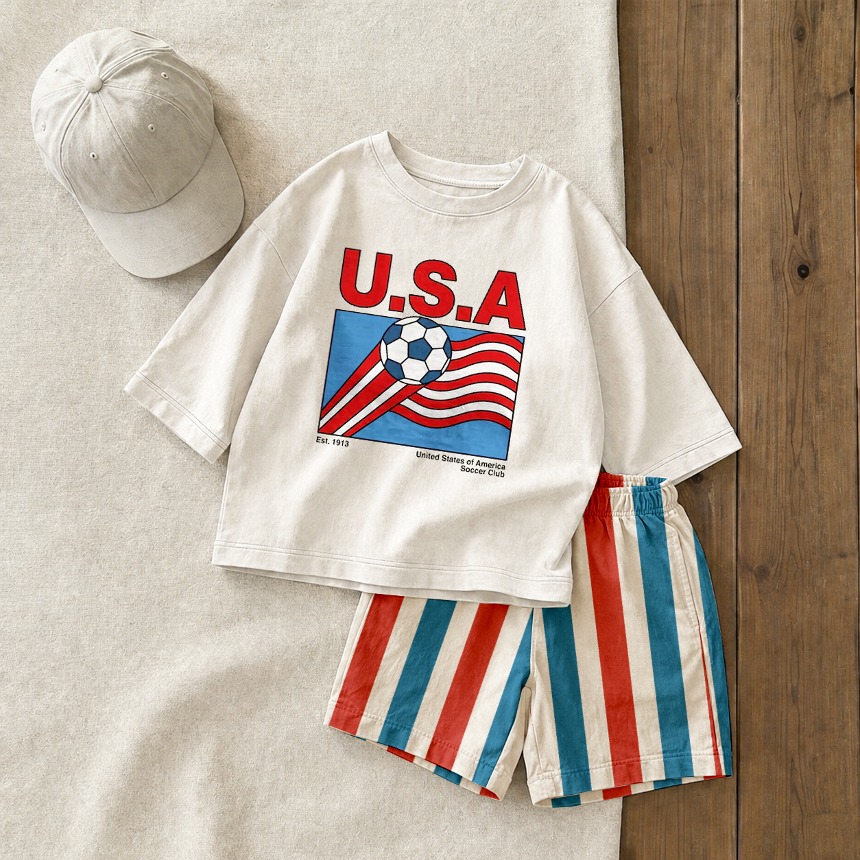 USA Baby & Kids Soccer Tee and Stripe Shorts Sets