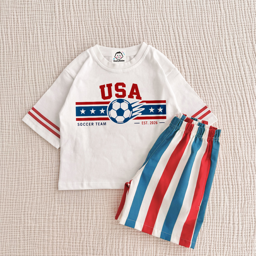 USA Baby & Kids Soccer Tee and Stripe Shorts Sets