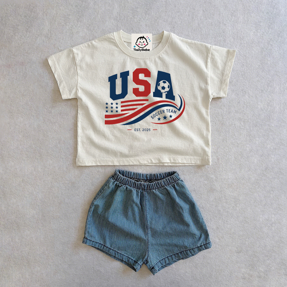 USA SOCCER TEAM EST 2026 Baby & Kids Tee and Denim Shorts Set