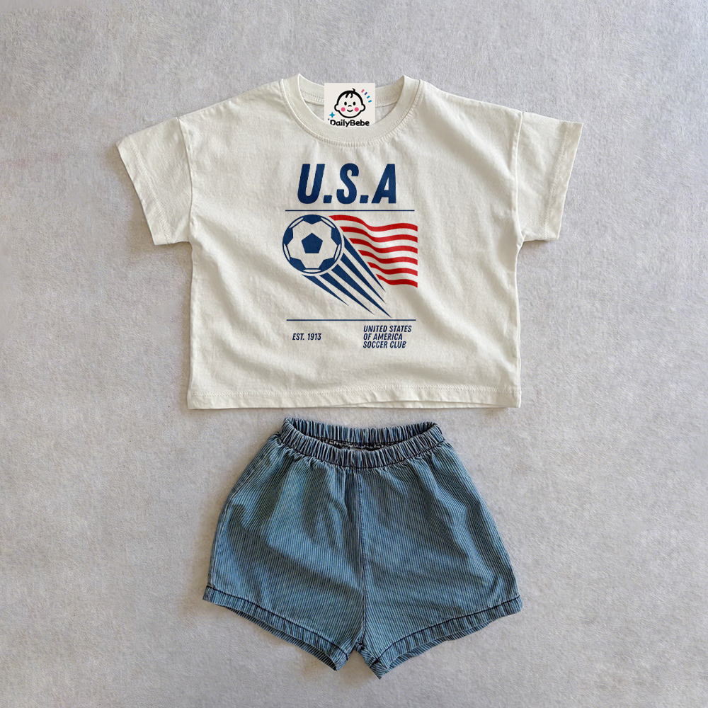 USA Baby & Kids Soccer Tee and Denim Shorts Set
