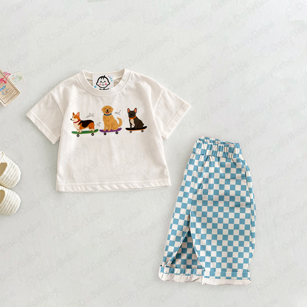 Baby & Kids Skateboarding Dog Pattern Blue Checkerboard Set