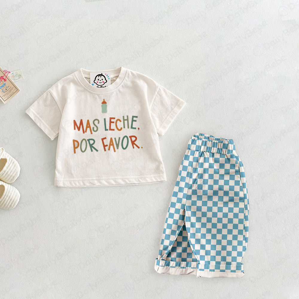 MAS LECHE POR FAVOR Baby Milk Pattern Blue Checkerboard Set