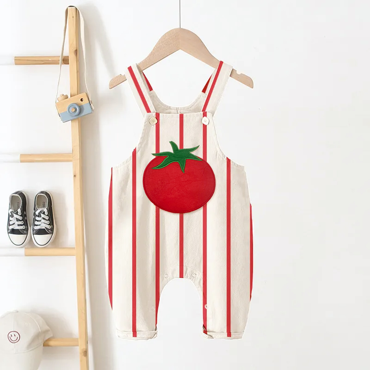 Baby Toddler Tomato Applique Stripe Overalls