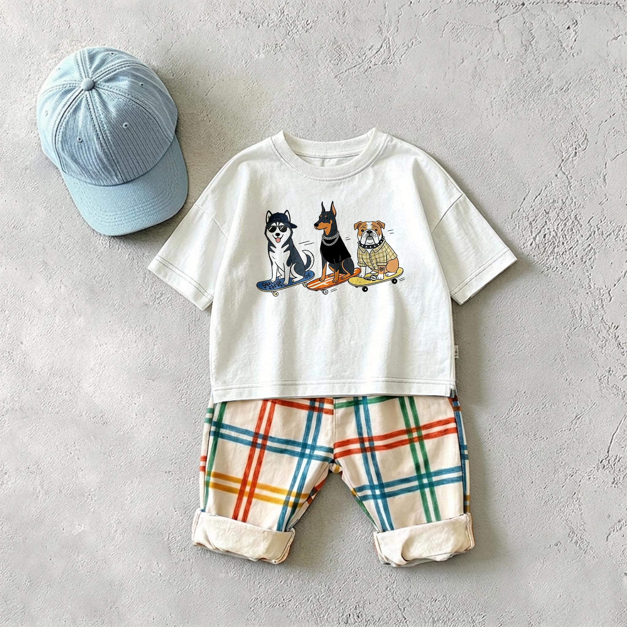  Baby & Kids Dog Skateboard Colorful Plaid 2 Piece Set