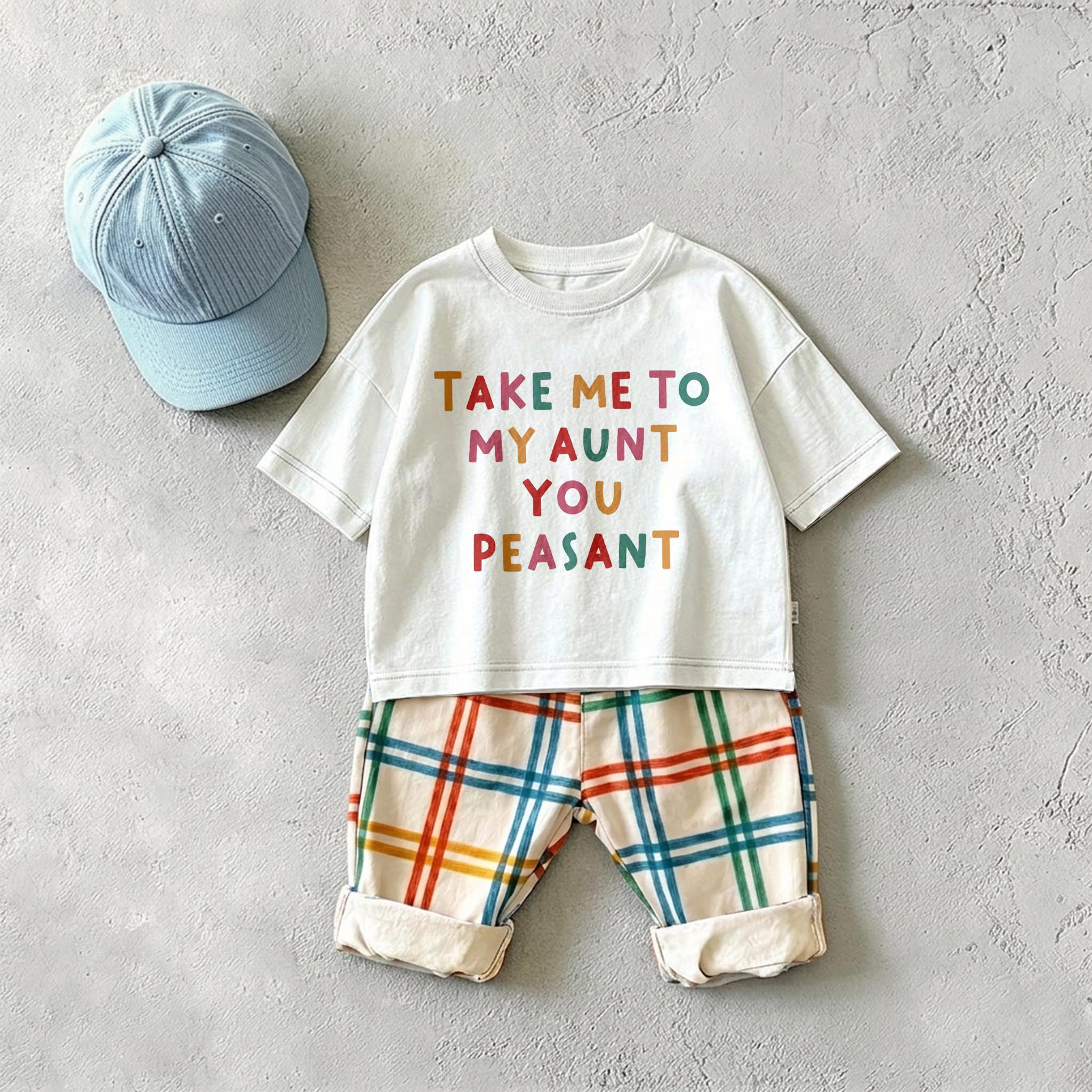 TAKE ME TO MY AUNT YOU PEASANT Baby & Kids Plaid 2 Piece Set
