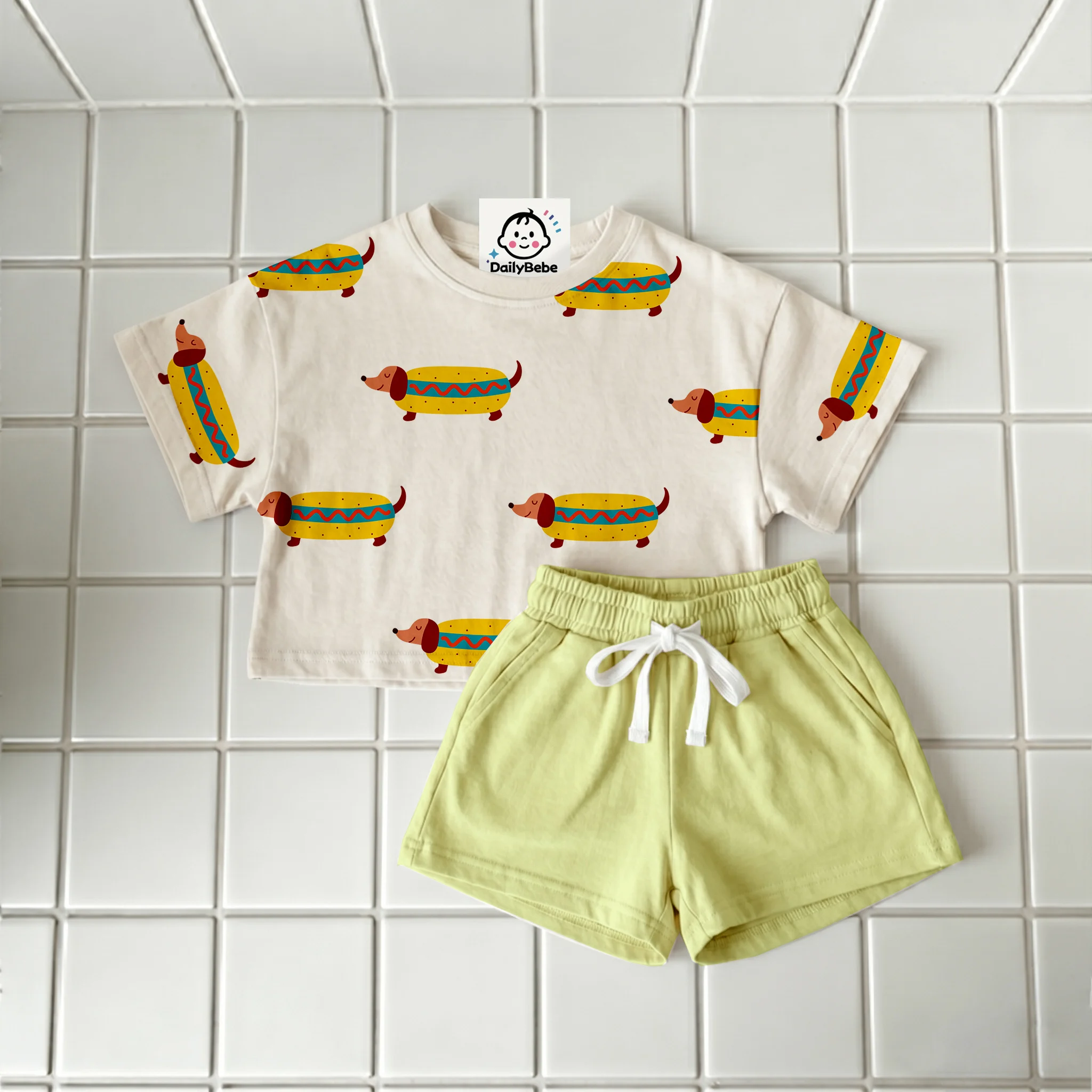Baby & Kids Cartoon Hot Dog Dachshund T-Shirt and Shorts Sets