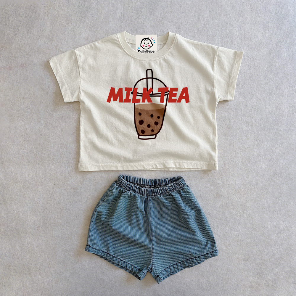 MILK TEA Baby & Kids Tee and Denim Shorts Set