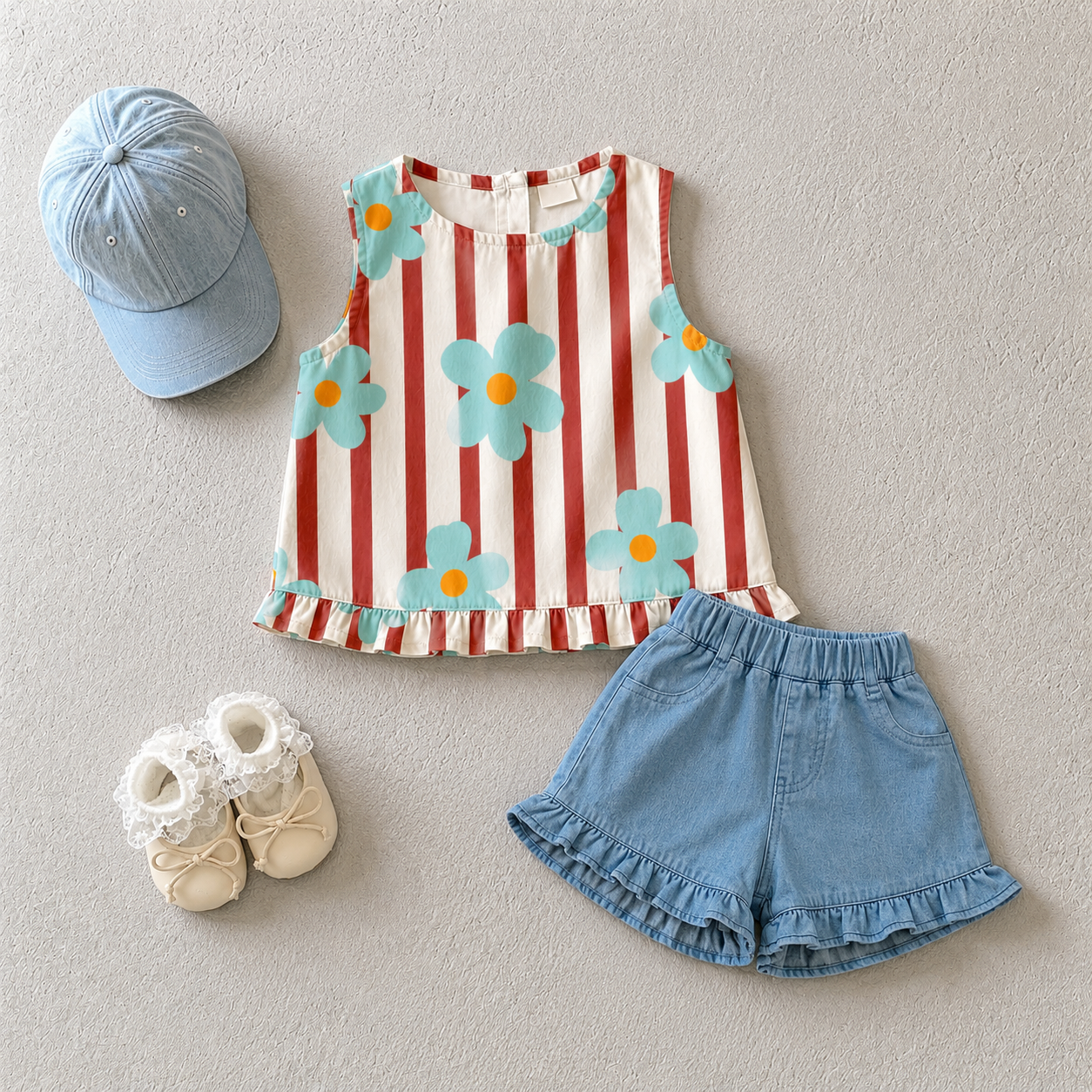 Baby & Kids Flowers Stripe Top ana Denim Shorts Set