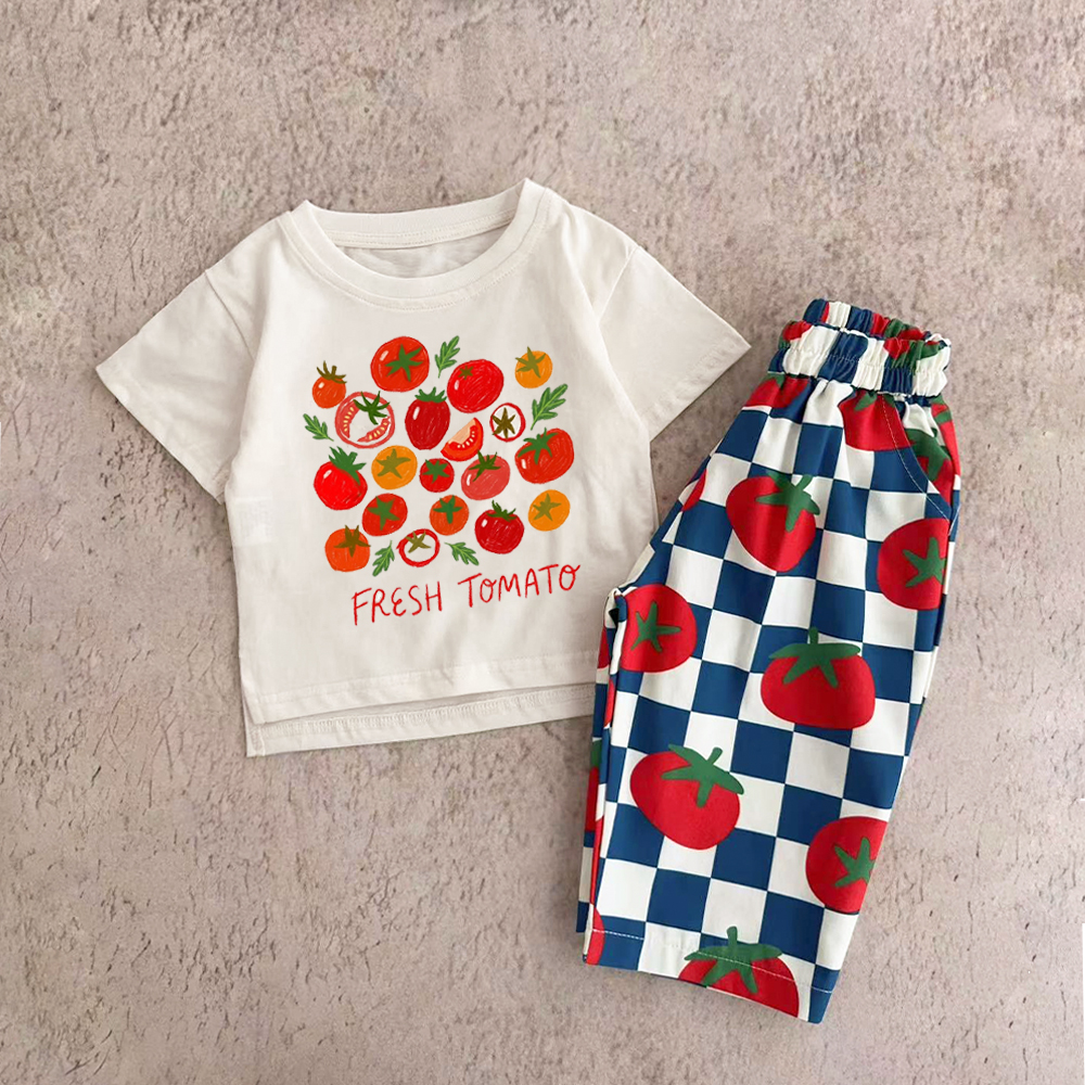 FRESH TOMATO Baby Toddler Slogan Checkerboard Pattern 2 Piece Set