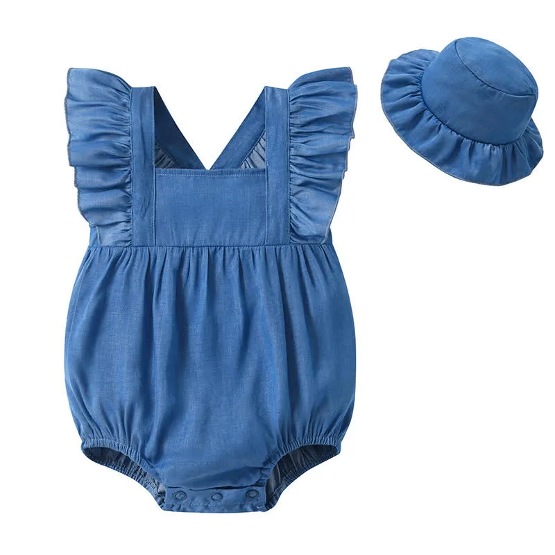 Baby Denim Ruffled Bodysuit with Hat