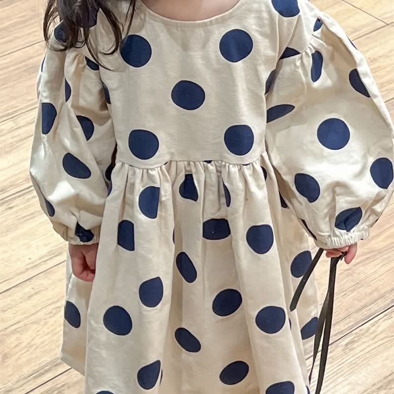 Girl Retro Polka Dots Brushed Long Sleeve Dress