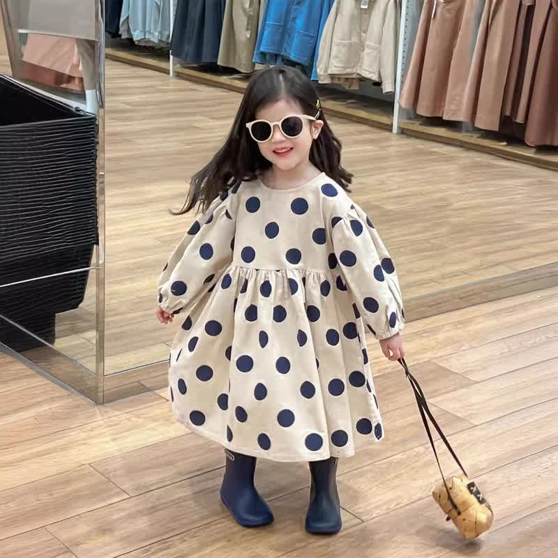 Girl Retro Polka Dots Brushed Long Sleeve Dress