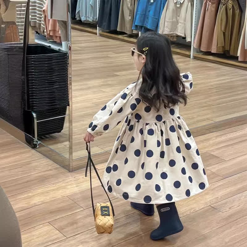 Girl Retro Polka Dots Brushed Long Sleeve Dress