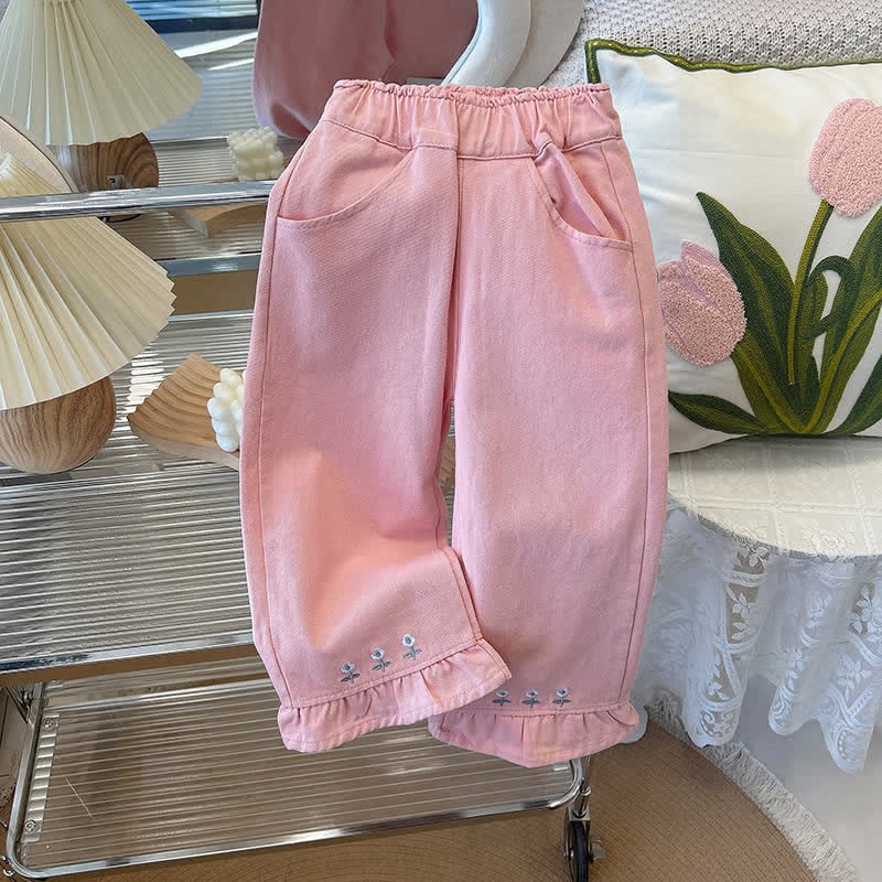 Girl Solid Color Wide-leg Folrals Pants