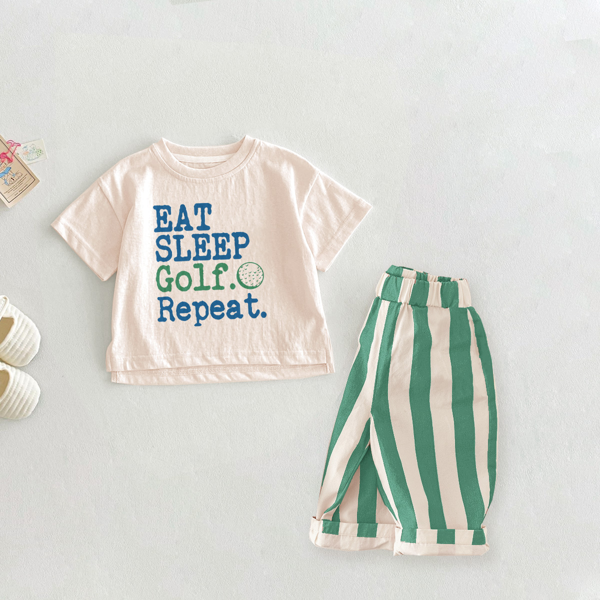 EAT SLEEP GOLF REPEAT 2-Piece Slogan Green Casual Pants Set