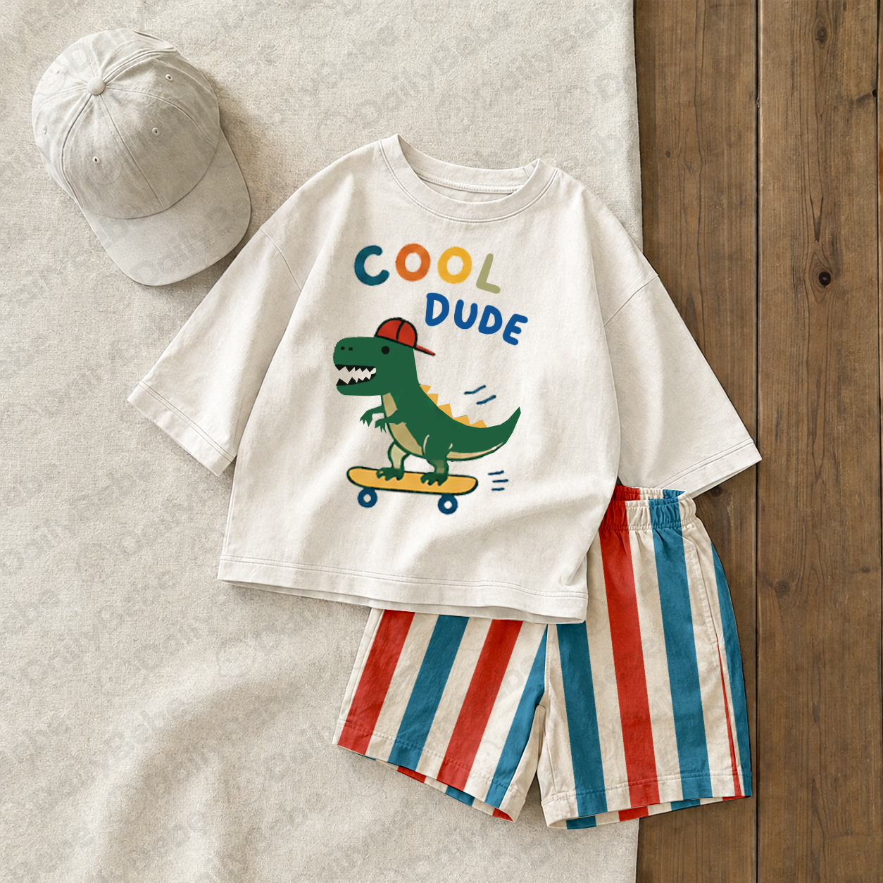 COOL DUDE Baby & Kids Skateboarding Dinosaur Tee and Stripe Shorts Sets