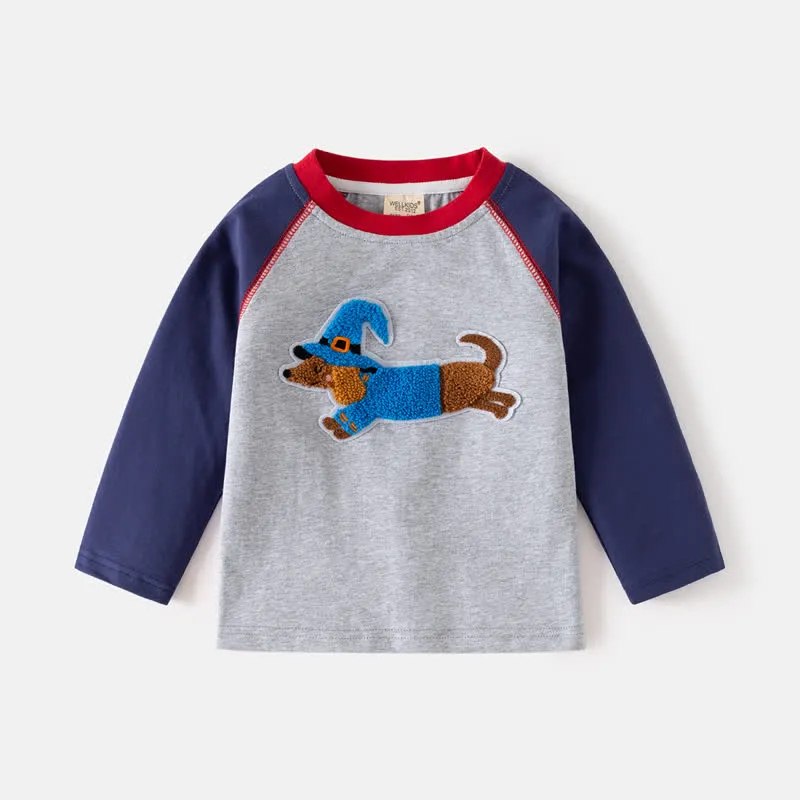 Toddler Embroidered Dog Contrast Color Raglan T-Shirt