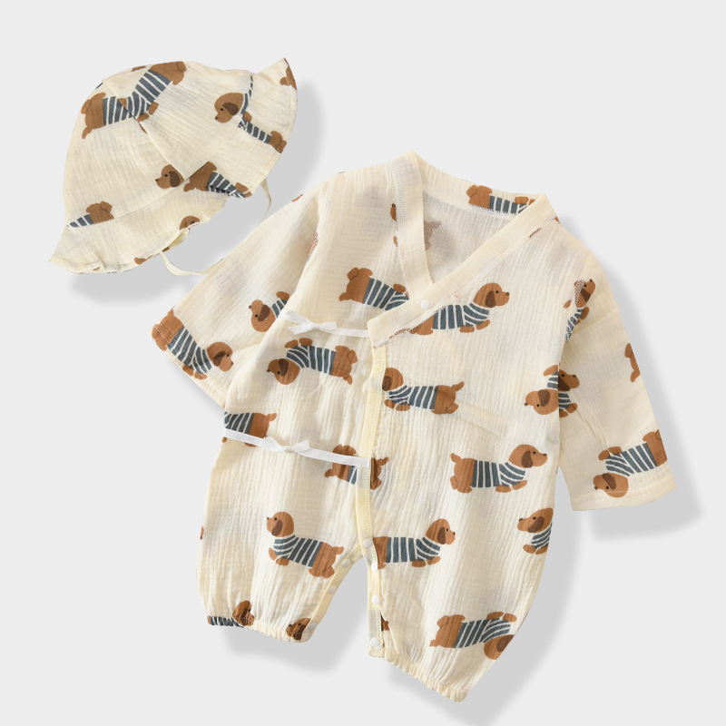 Baby Kimono Striped Dog Apricot Romper