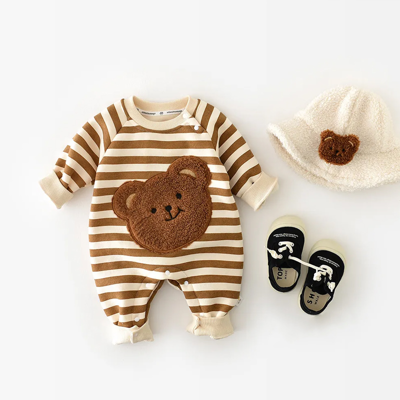 Baby Striped Bear Fleece Lined Romper