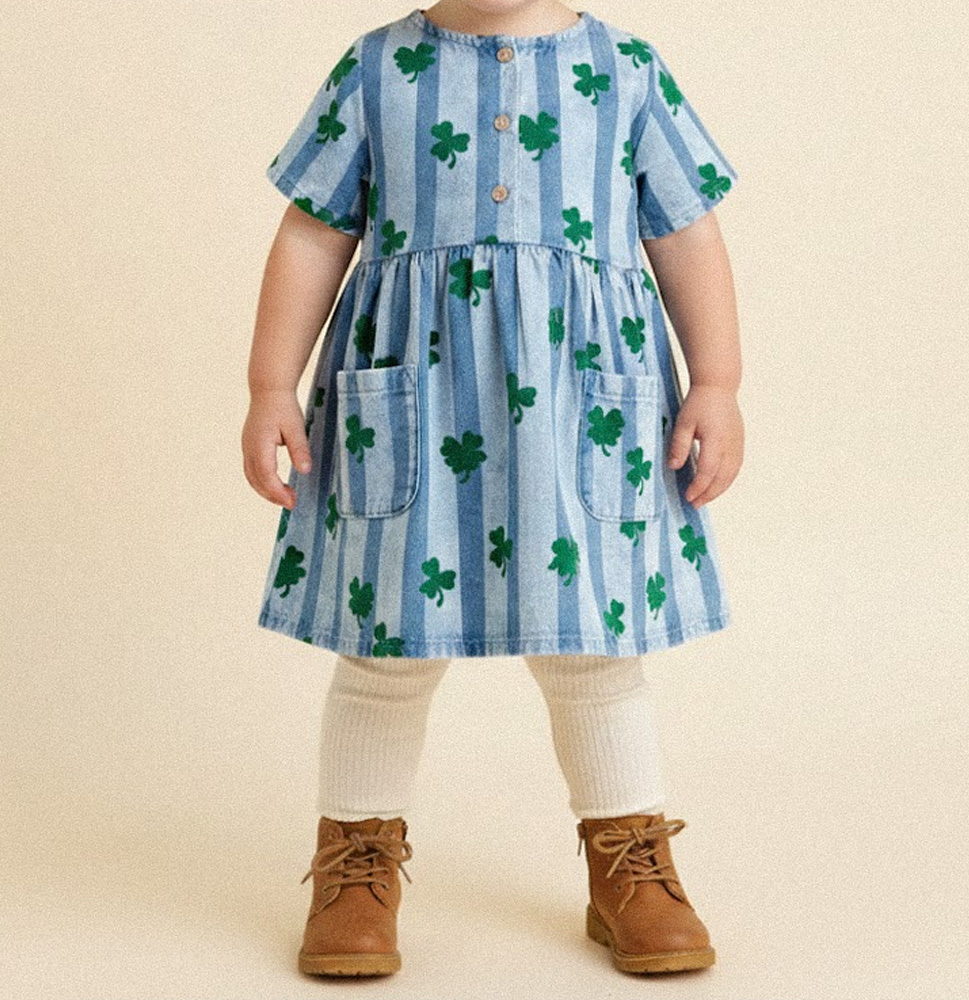Baby Kids 4-Leaf Clover Stripe Pattern Dress