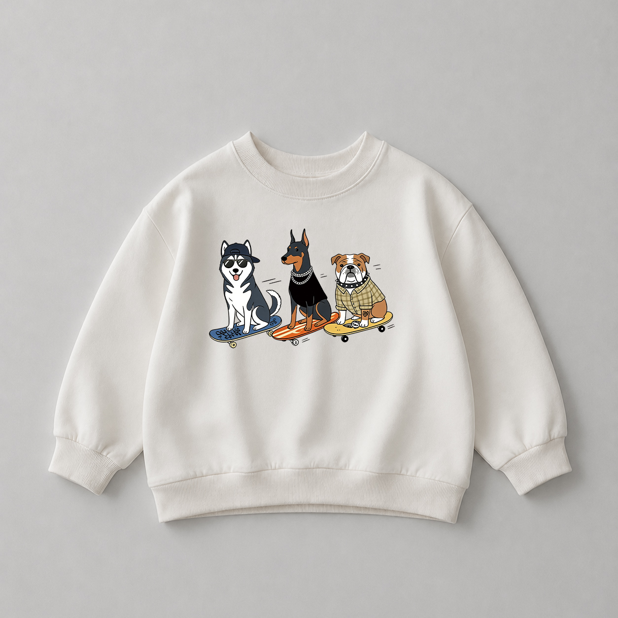 Baby Skateboarding Dog Pattern White Sweatshirt