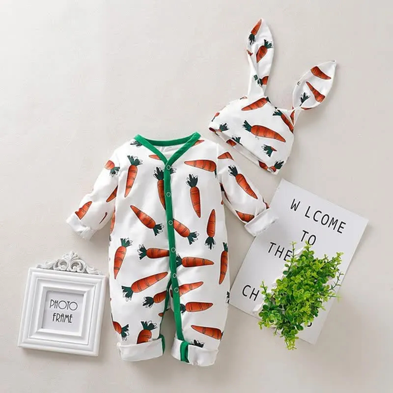 Baby Carrot Rabbit Ear Romper with Hat