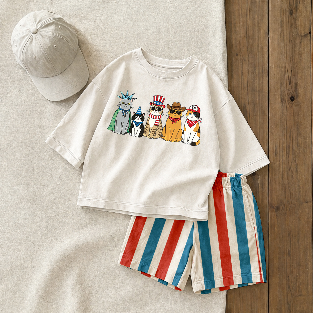 Baby & Kids Cats Tee and Stripe Shorts Sets
