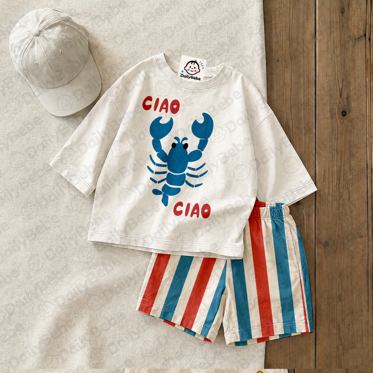 CIAO Baby & Kids Lobster Tee and Stripe Shorts Sets