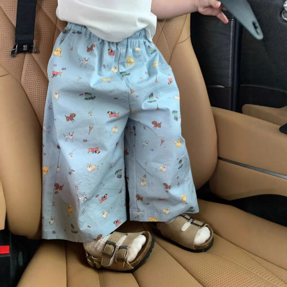 Toddler Blue Cotton Animal Print Wide Leg Pants