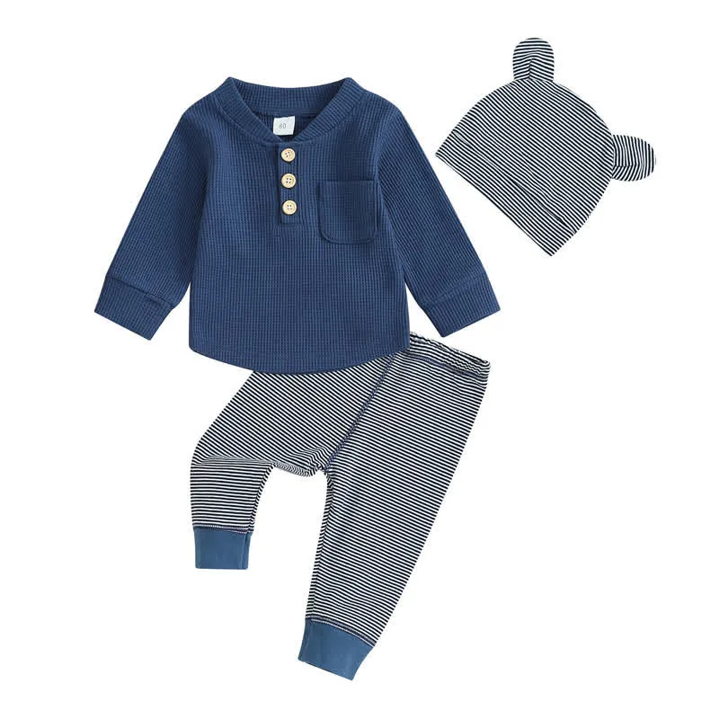 Baby Waffle Top Striped Pants and Hat 3pcs Set