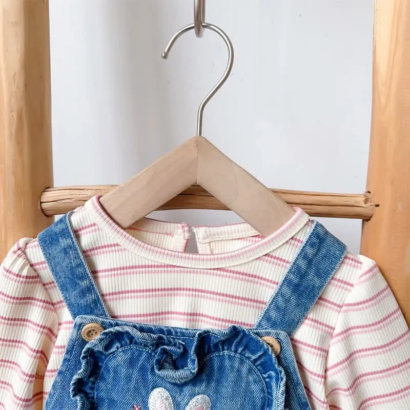 Baby 2-Piece Embroidered Bunny Denim Overalls Set