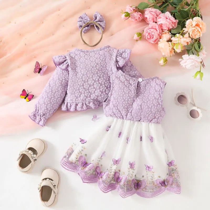 Baby 2-Piece Flower Butterfly Dress Set with Headband