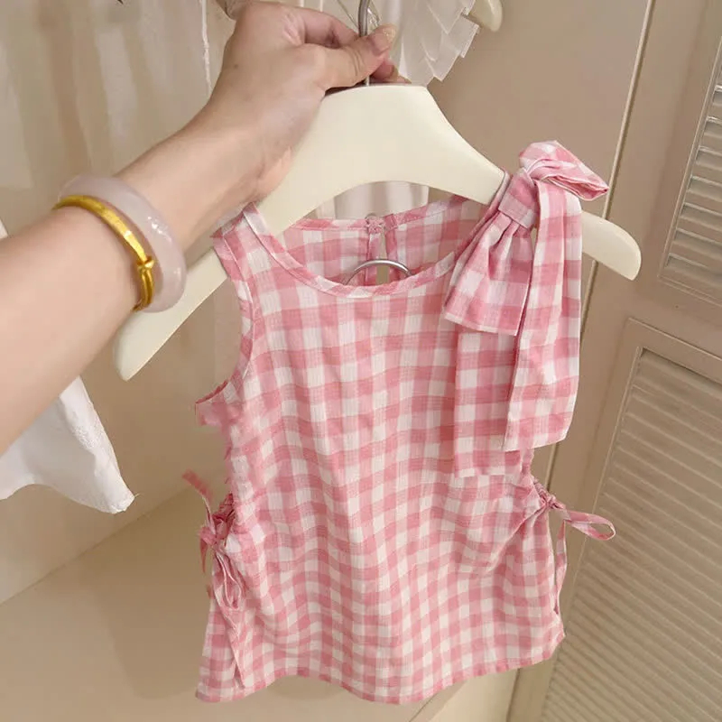 Kid Sweet Pink Plaid Bow Sleeveless Dress