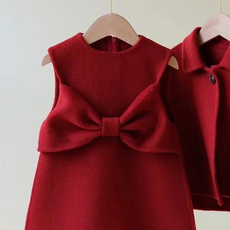 2 Pieces Toddler Girl Red Woolen Dress Set