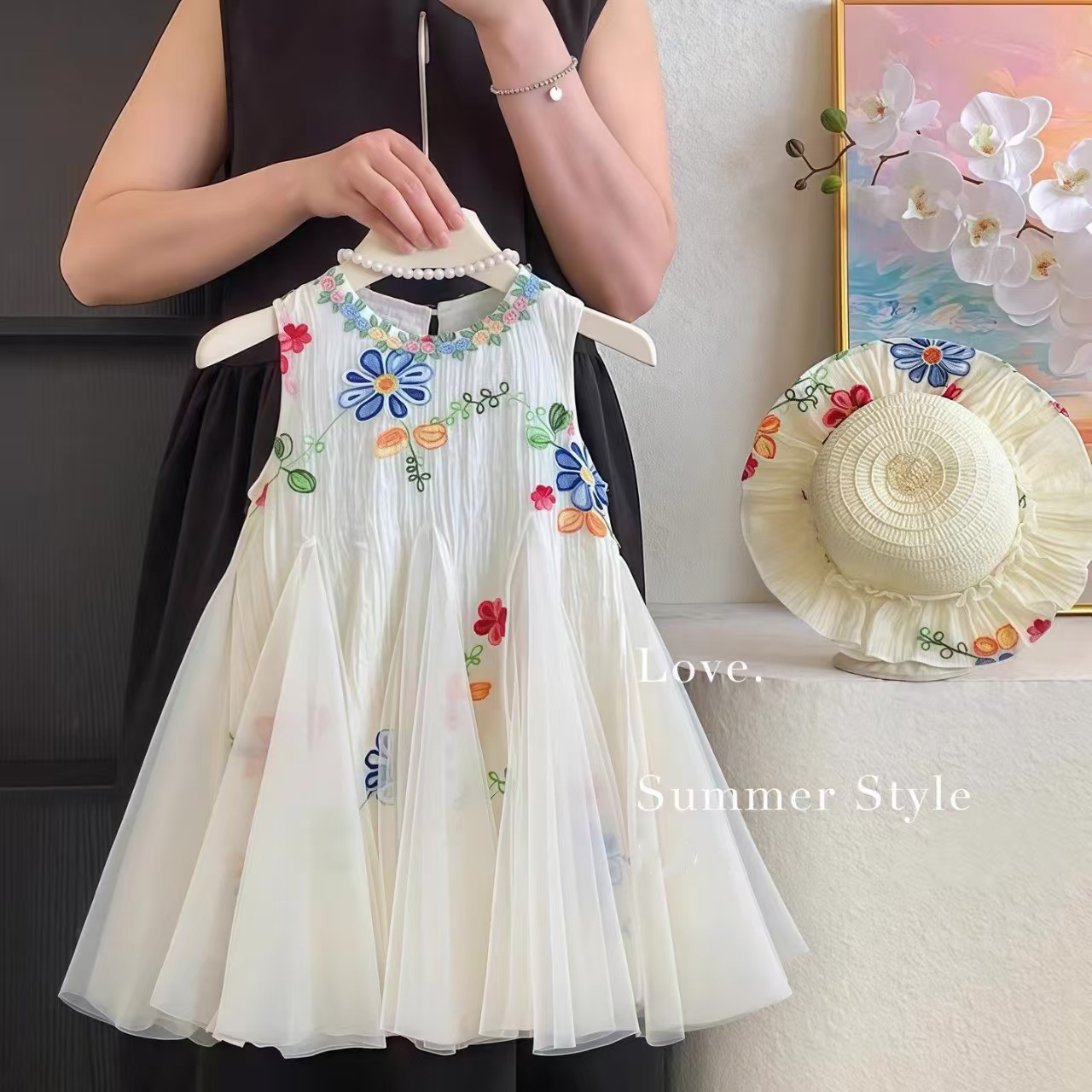 Kids Girl Flower Mesh Sleeveless Dress