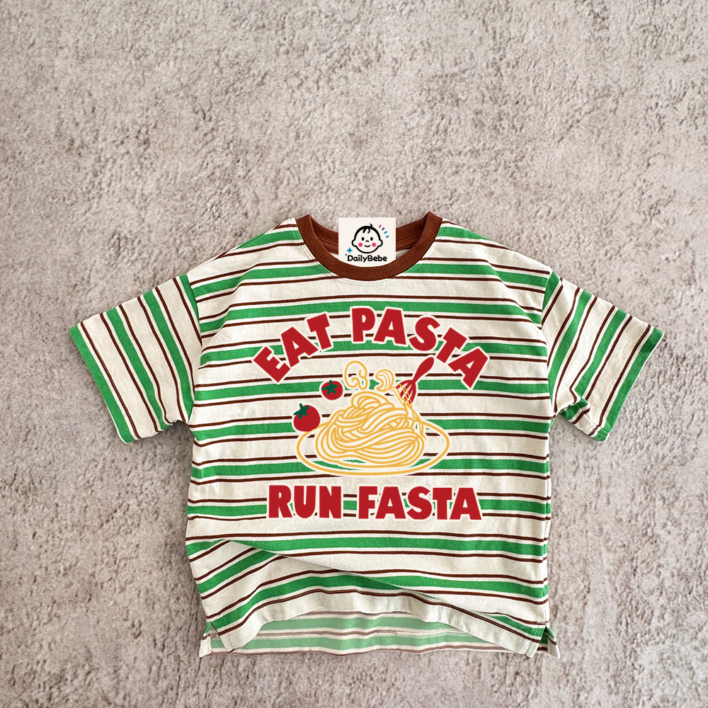 EAT PASTA RUN FASTA Baby & Kids Pasta Print Stripe T-Shirt (6M-12Y)