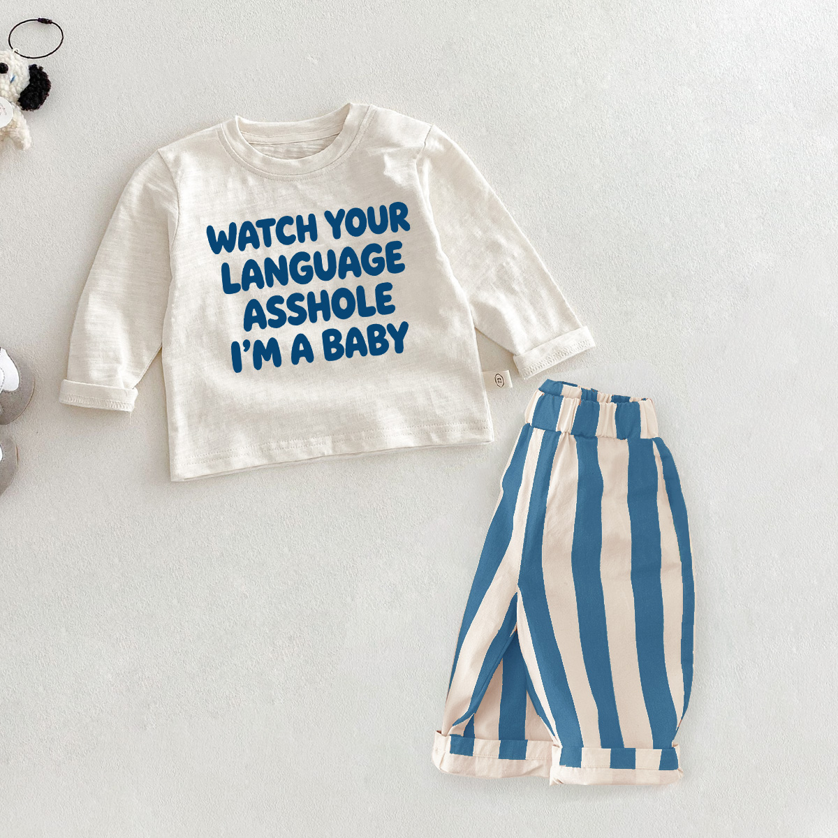 WATCH YOUR LANGUAGE ASSHOLE I’M A BABY Baby Toddler Stripe 2-Piece Set