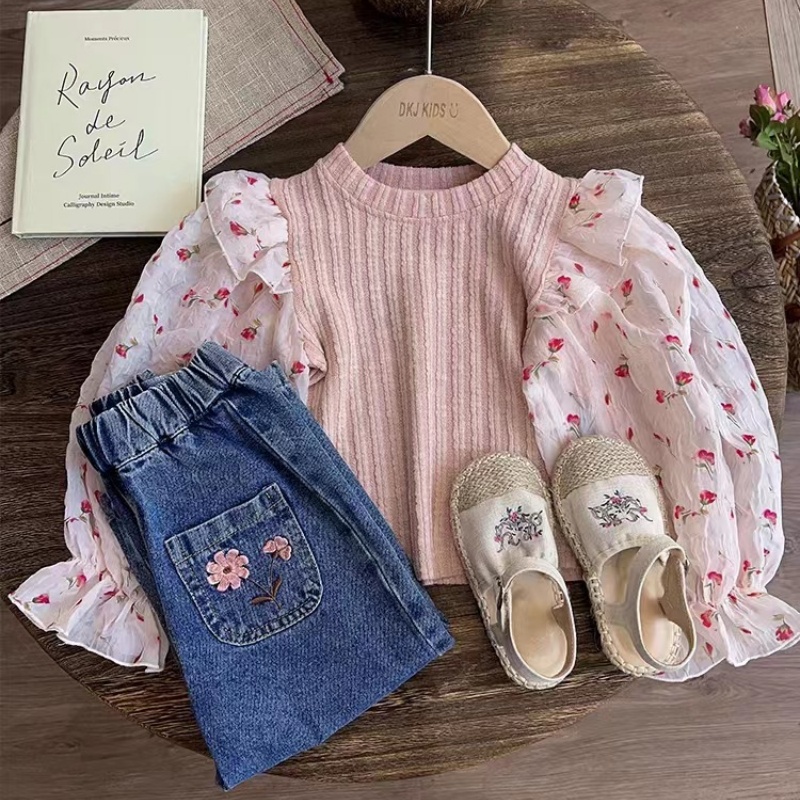 2-Piece Baby Toddler Girls Patchwork Top & Denim Set