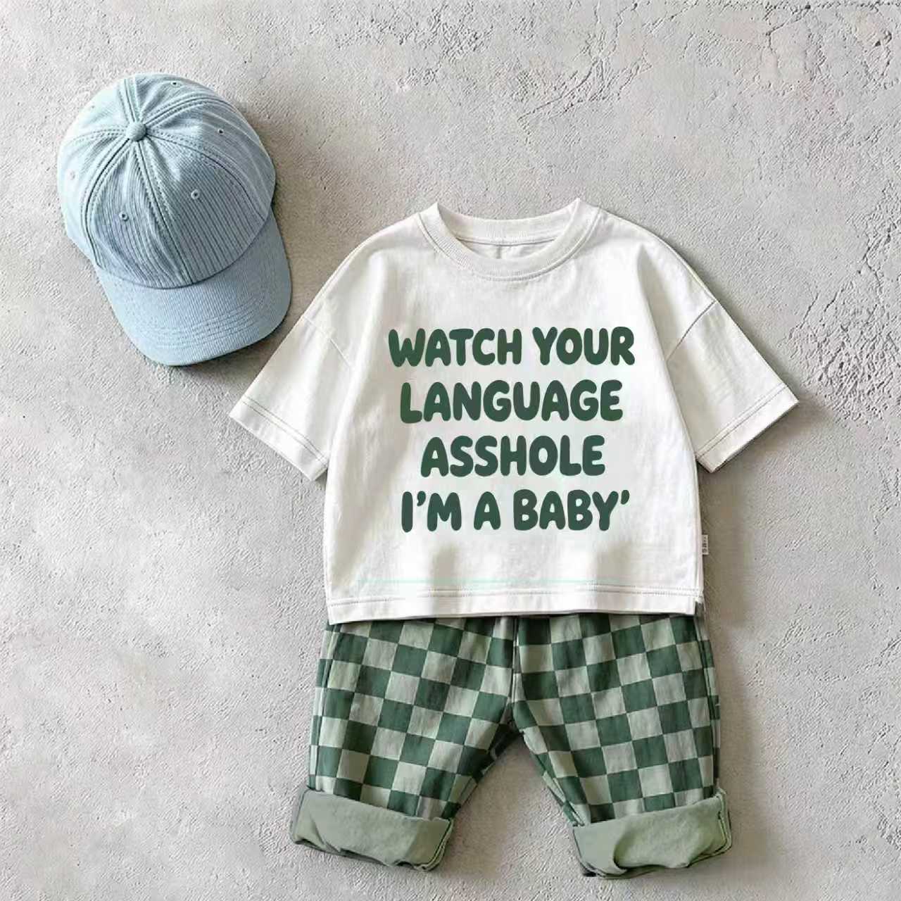 WATCH YOUR LANGUAGE ASSHOLE I’M A BABY Baby & Kids Checkerboard 2 Piece Set
