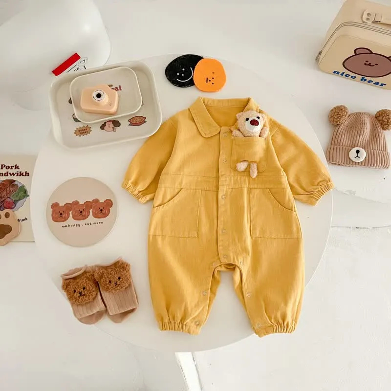 Baby Bear Pocket Lapel Denim Romper